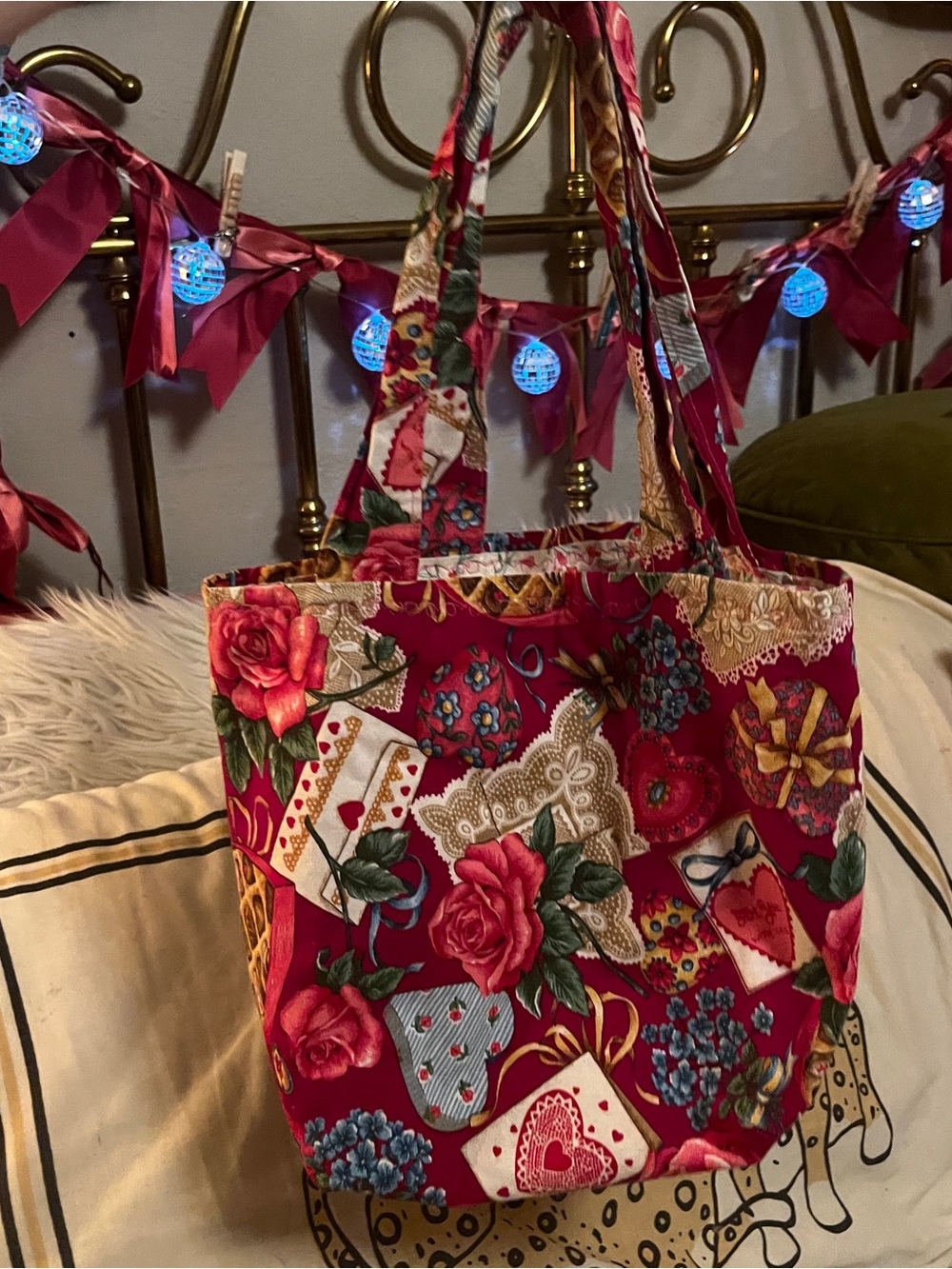 Women's Handmade Red Floral Valentines Tote Bag
